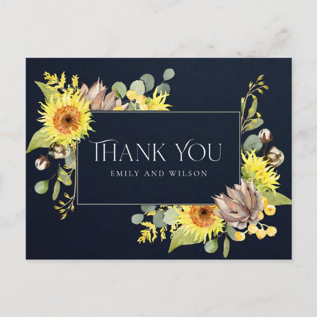 NAVY SUNFLOWER EUCALYPTUS BLUMENWEDEN DANKEN ANKÜNDIGUNGSPOSTKARTE (Vorderseite)