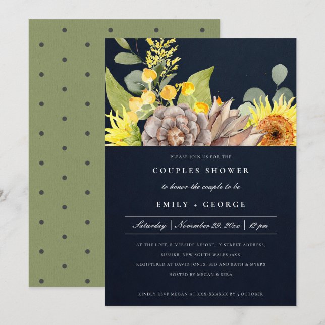 NAVY SUNFLOWER EUCALYPTUS FLORAL COUPLES SHOWER EINLADUNG (Vorne/Hinten)