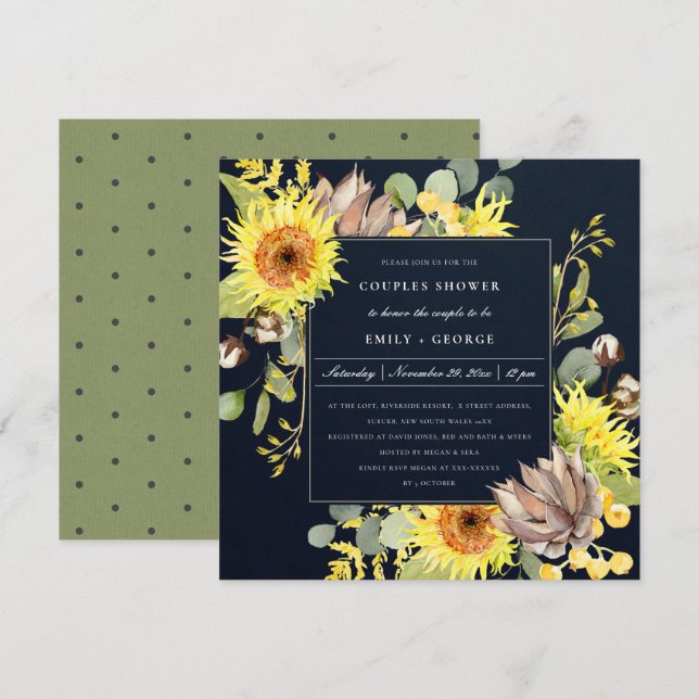 NAVY SUNFLOWER EUCALYPTUS FLORAL COUPLES SHOWER EINLADUNG (Vorne/Hinten)