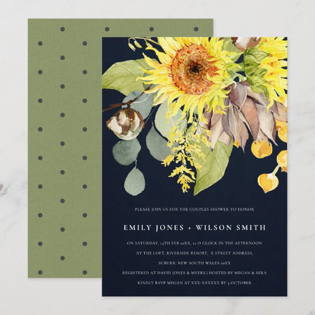NAVY SUNFLOWER EUCALYPTUS FLORAL COUPLES SHOWER EINLADUNG (Vorne/Hinten)