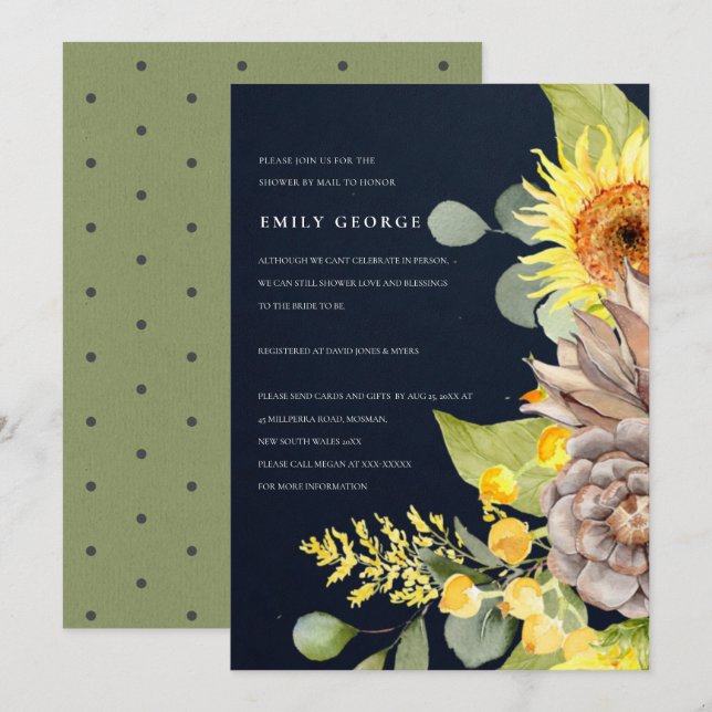 NAVY SUNFLOWER EUCALYPTUS FLORAL DUSCHE MIT PER MA EINLADUNG (Vorne/Hinten)