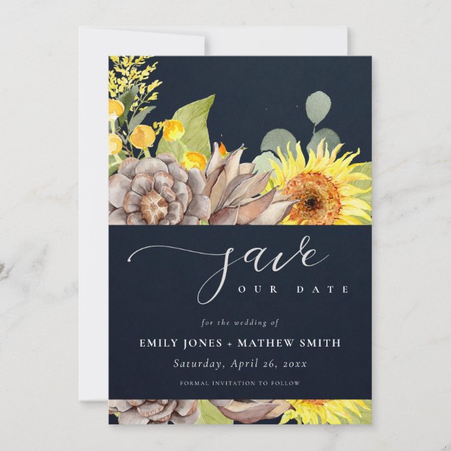 NAVY SUNFLOWER EUCALYPTUS FLORAL SAVE THE DATE EINLADUNG (Vorderseite)
