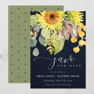 NAVY SUNFLOWER EUCALYPTUS FLORAL SAVE THE DATE EINLADUNG
