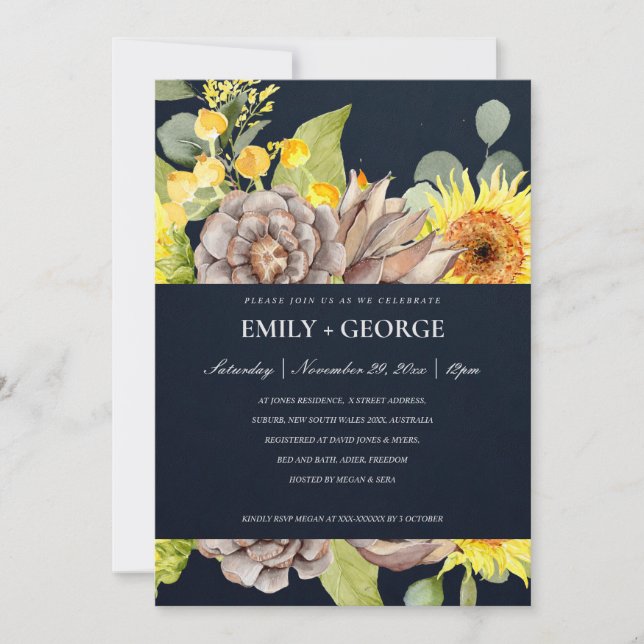 NAVY SUNFLOWER EUCALYPTUS PINE FLORA COUPLE EINLAD DANKESKARTE (Vorderseite)