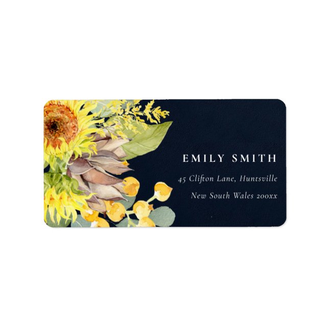 NAVY SUNFLOWER EUCALYPTUS PINE FLORAL ADRESSE ADRESSAUFKLEBER (Vorne)