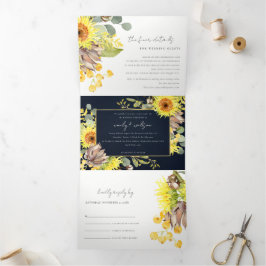 NAVY SUNFLOWER EUCALYPTUS WATERCOLOR FLORA WEDD DREIFACH GEFALTETE EINLADUNG