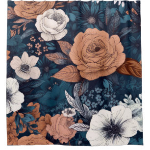 Navy & Taupe Boho Blumendrucke Duschvorhang