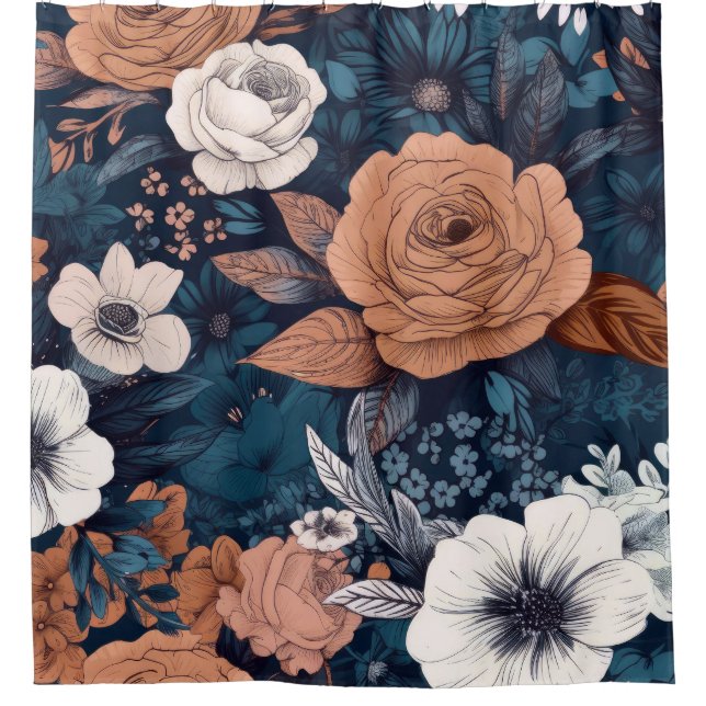 Navy & Taupe Boho Blumendrucke Duschvorhang (Vorderseite)