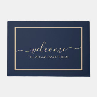 Navy Taupe Elegant Schrift Familienname Willkommen Fußmatte