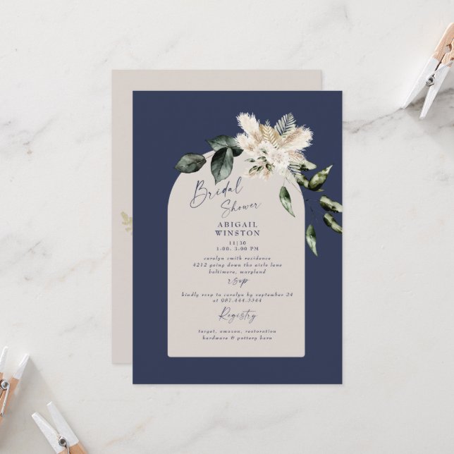 Navy & Taupe Pampas Boho Bridal Dusche Einladung (Vorderseite/Rückseite Beispiel)