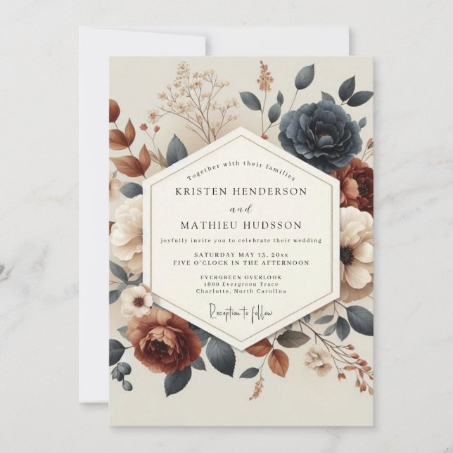 Navy Terracotta Autumnal Bloom Wedding Einladung (Vorderseite)