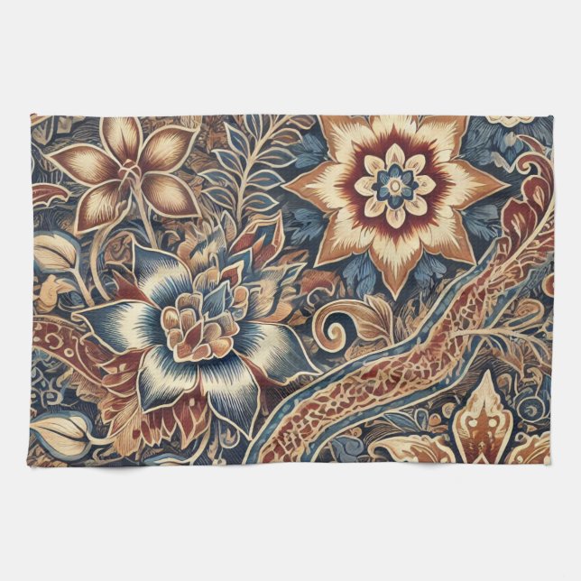 Navy Terracotta Indonesia Batik Floral Boho Rustik Geschirrtuch (Horizontal)