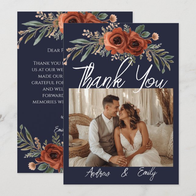 Navy Terrakotta Blumen Boho Hochzeit Danke  (Vorne/Hinten)