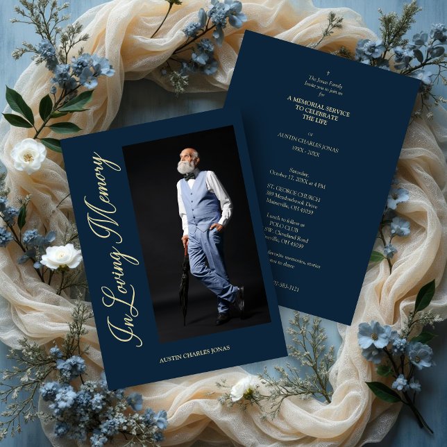 Navy Traditional Elegant Golden Effect Photo Einladung (Navy Traditional & Elegant Golden Effect Photo Funeral Dear Ones Invitation with Envelope.)