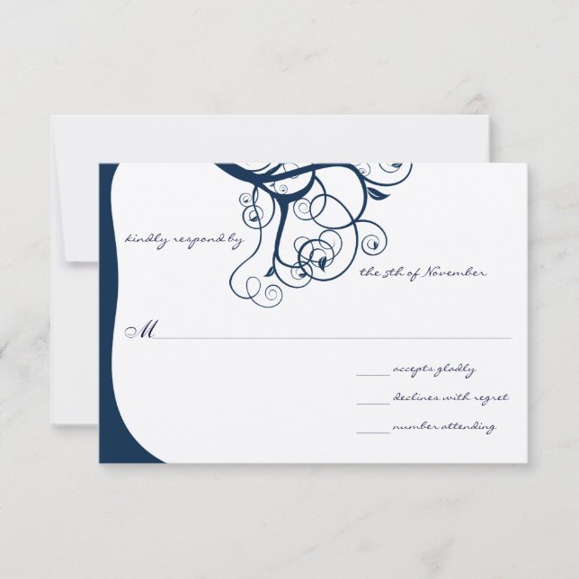 Navy Tree Wirbel Hochzeit RSVP Einladungen (Vorderseite)