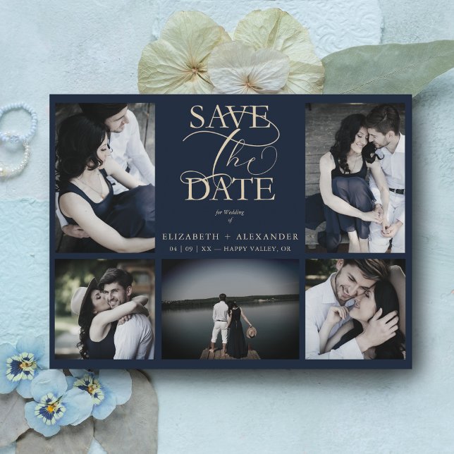 Navy Trendy Chic Collage Wedding Covid19 5 Fotos Postkarte (Von Creator hochgeladen)