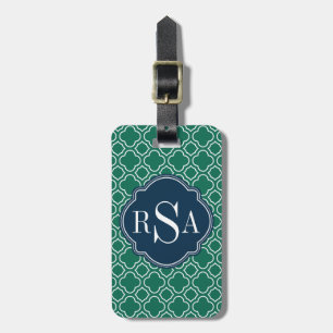 Navy Triple Monogram Emerald Quatrefoil Muster Gepäckanhänger