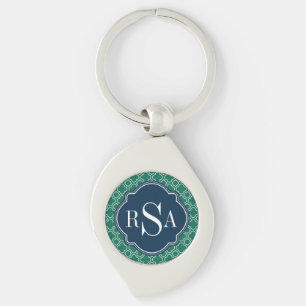 Navy Triple Monogram Emerald Quatrefoil Muster Schlüsselanhänger