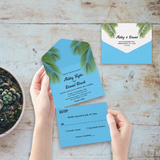 Navy Tropical Palm Blue Beach Hochzeit in Urlaubso All In One Einladung (Von Creator hochgeladen)
