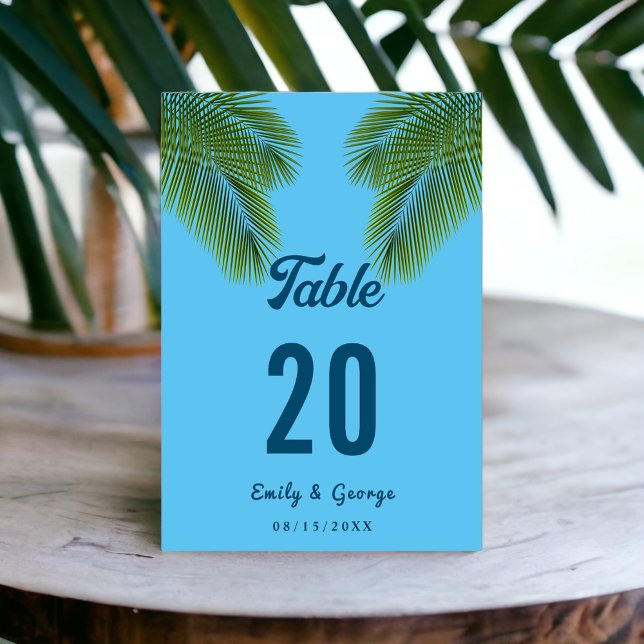 Navy Tropical Palm Blue Beach Hochzeit in Urlaubso Tischnummer (Von Creator hochgeladen)