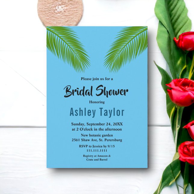 Navy Tropical Palm Leaf Beach Brautparty Einladung (Von Creator hochgeladen)