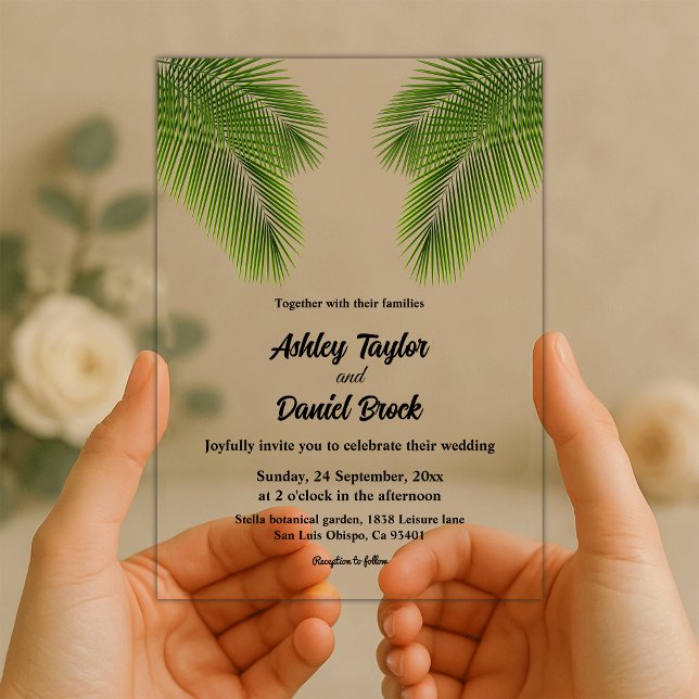 Navy Tropical Palm Leaf Beach Hochzeit in Urlaubso Acryleinladungen (Von Creator hochgeladen)