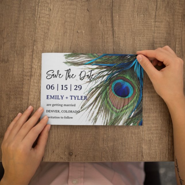 Navy Türkise Peacock Feather Boho Save the Date Ankündigungspostkarte (Von Creator hochgeladen)