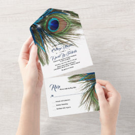 Navy Türkise Peacock Feather Boho Wedding All In One Einladung