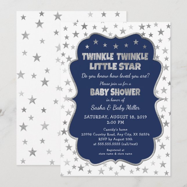 Navy Twinkle Little Star Baby Shower invitations (Devant / Derrière)