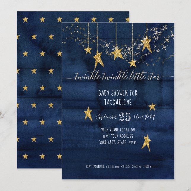 Navy Twinkle Little Star Gold Boy Baby Dusche Einladung (Vorne/Hinten)