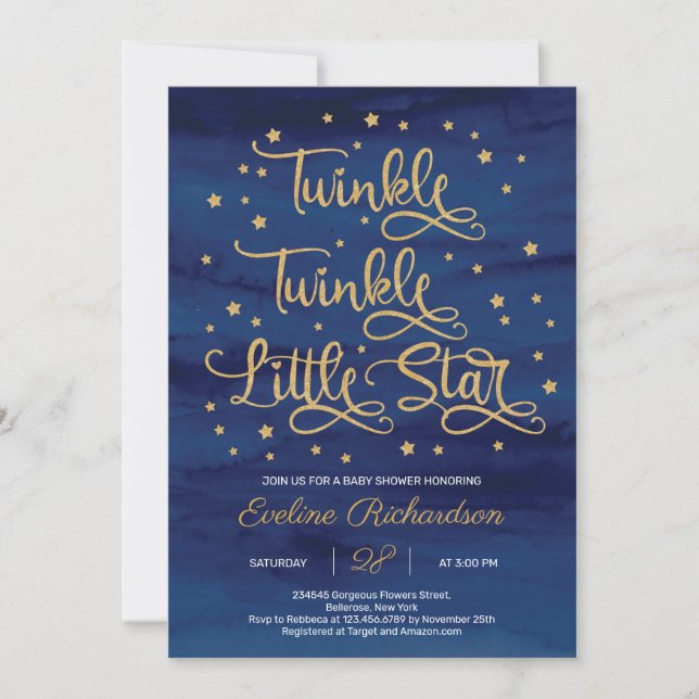 Navy Twinkle Twinkle Little Star Baby Dusche Einladung (Vorderseite)