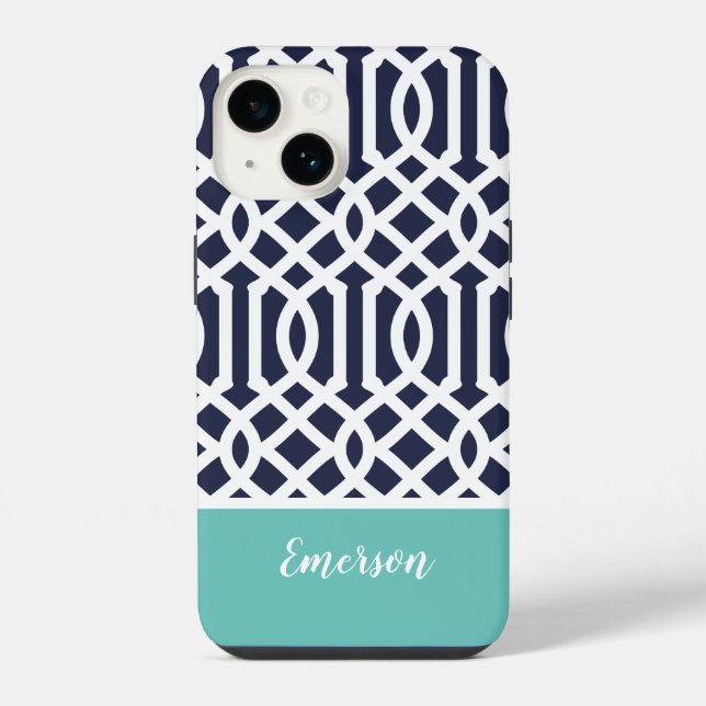 Navy und Aqua-Gitter-Monogramm iPhone 14 Hülle (Rückseite)
