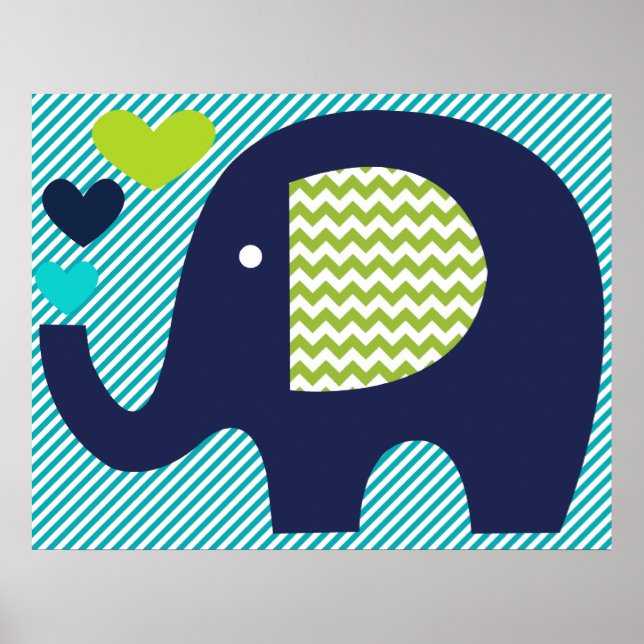 Navy und Aquamarin Elephant Kinderzimmer Poster (Vorne)