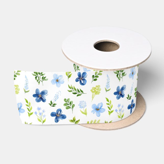 Navy und Baby Blue Blume mit Foliage Muster Satinband (Spule)