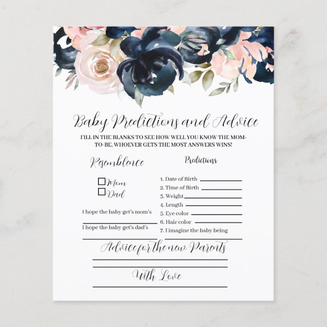 Navy und Blush Baby Vorhersagen Party-Spiel. (Vorderseite)