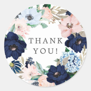 Navy- und Blush-Blumen-Dusch-Dankeschön-Sticker Runder Aufkleber