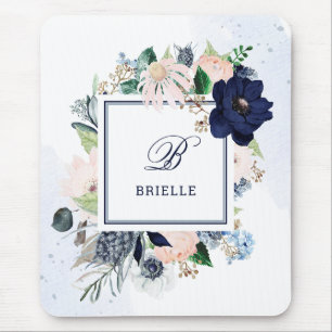 Navy und Blush Floral  Name und Monogramm Mousepad