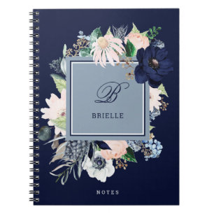 Navy und Blush Floral  Name und Monogramm Notizblock