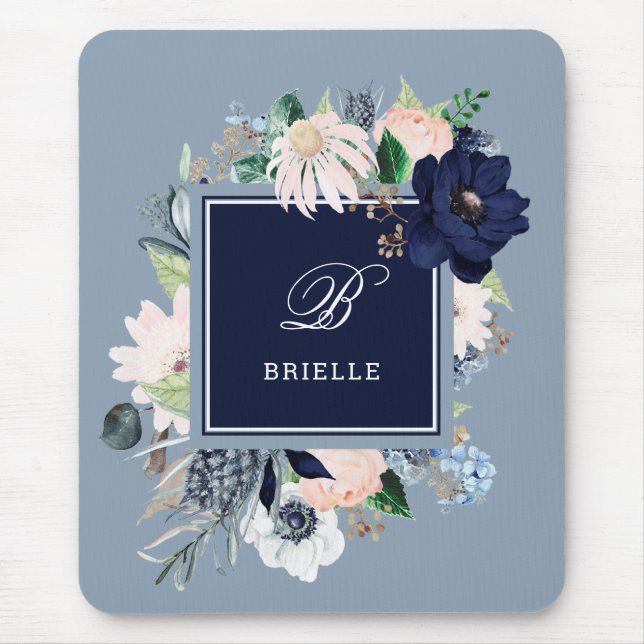 Navy und Blush | Name und Monogramm Mousepad (Vorne)