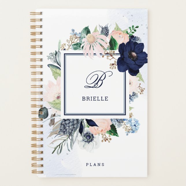 Navy und Blush | Name und Monogramm Planer (Vorderseite)
