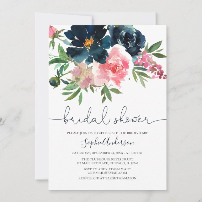 Navy und Blush Pink Blütenblume Brautparty Einladung (Vorderseite)
