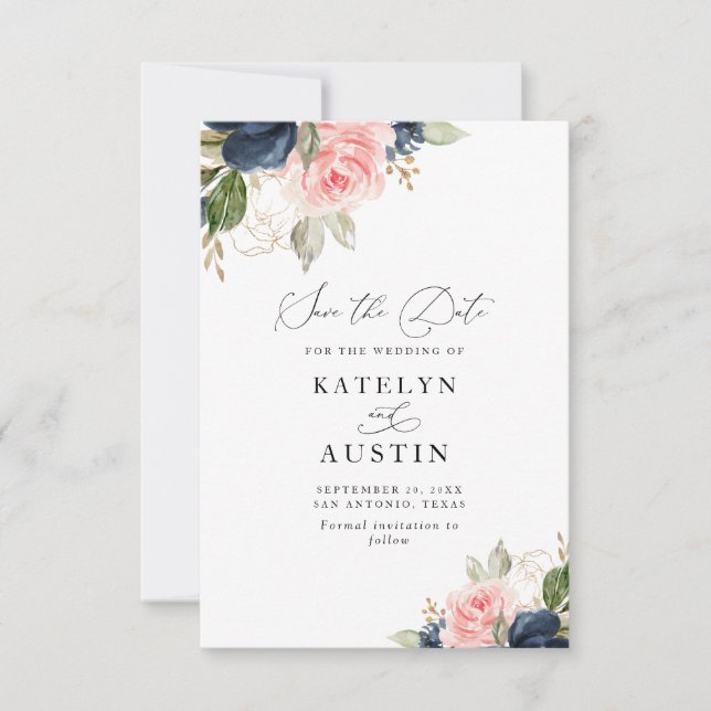 Navy und Blütenfarbe Aquarell Save the Date Einladung (Vorderseite)