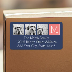Navy und Coral Foto Collage Custom Monogram Adressaufkleber