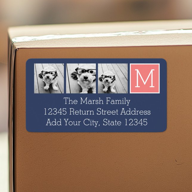 Navy und Coral Foto Collage Custom Monogram Adressaufkleber (Personalized return address label)