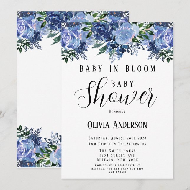 Navy und Dusty Blue Baby in Bloom Baby Dusche Einladung (Vorne/Hinten)