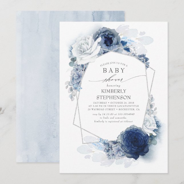 Navy und Dusty Blue Floral Moderne Babydusche Einladung (Vorne/Hinten)