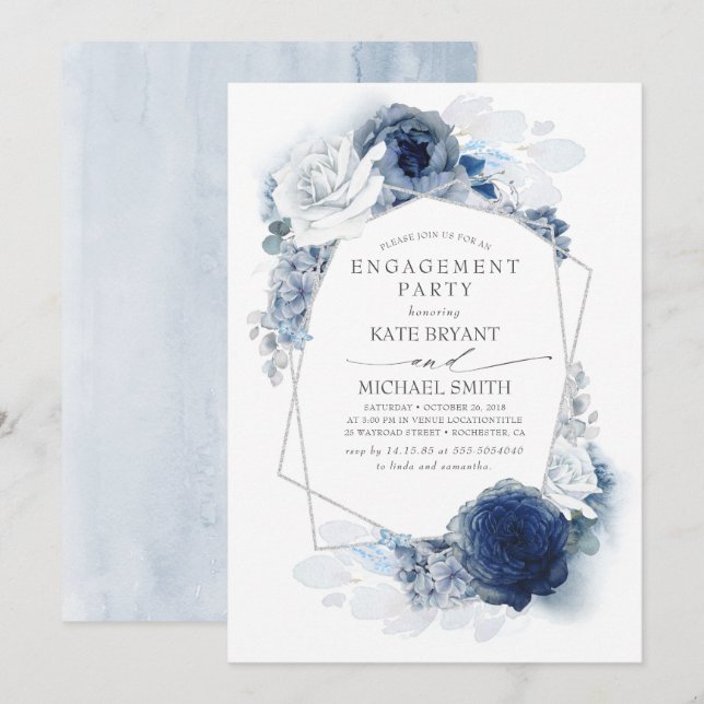Navy und Dusty Blue Floral Silver Engagement Party Einladung (Vorne/Hinten)