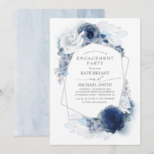 Navy und Dusty Blue Floral Silver Engagement Party Einladung