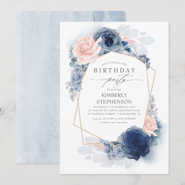 Navy und Dusty Pink Floral Modern Birthday Party Einladung (Vorne/Hinten)