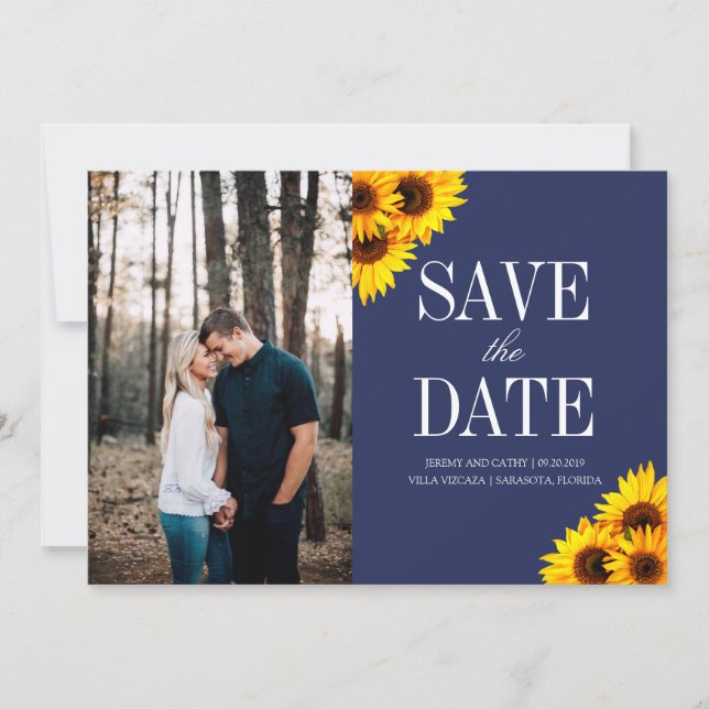Navy- und Gelbblüten Save the Date (Vorderseite)